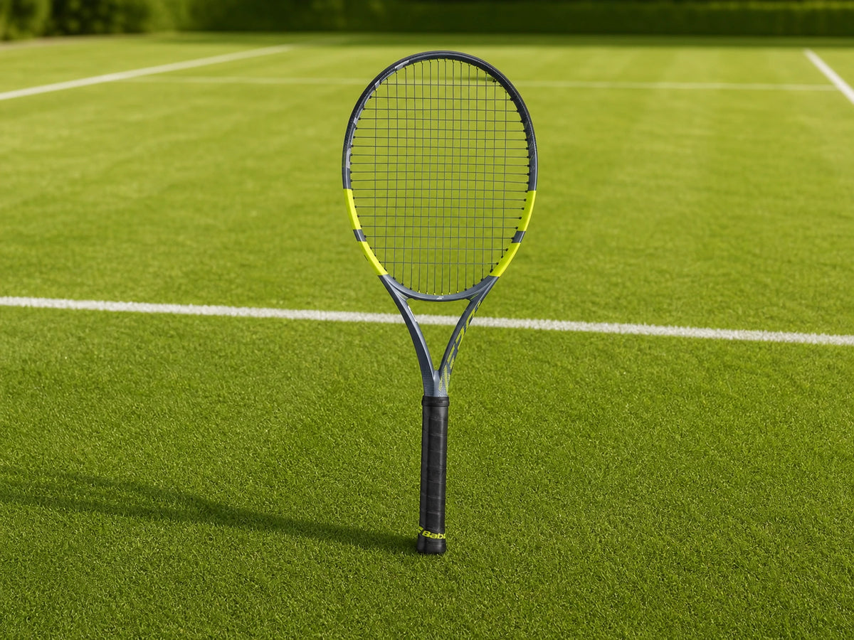 Raqueta de tenis sobre cancha de pasto verde