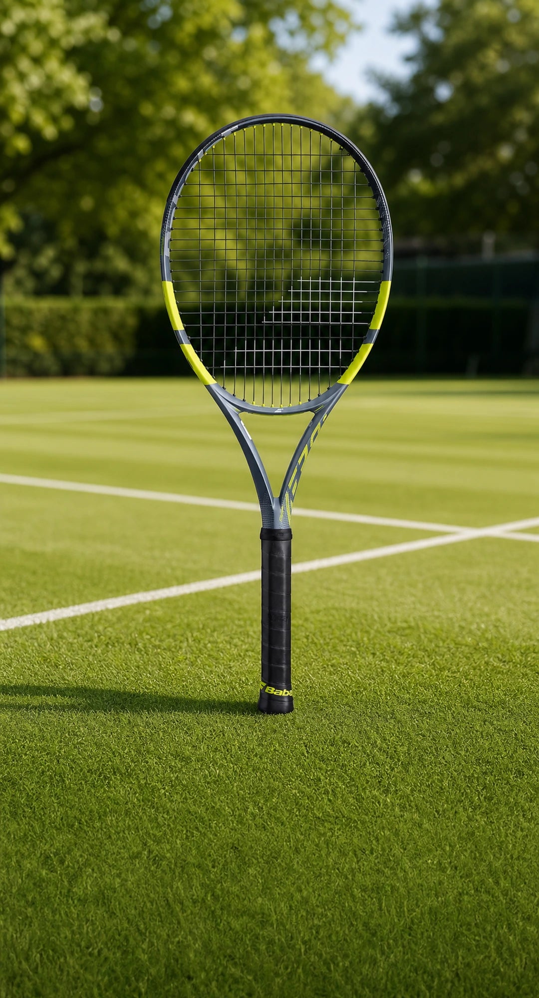 Raqueta de tenis sobre cancha de pasto verde en formato móvil