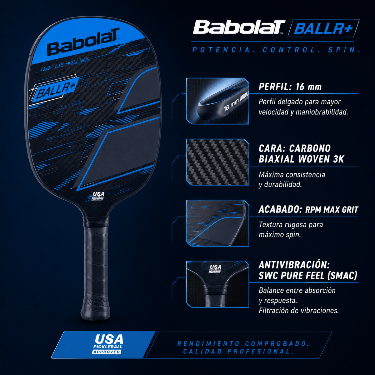 Raqueta de Pickleball Babolat BALLR + Negro/Azul - Racquet Online