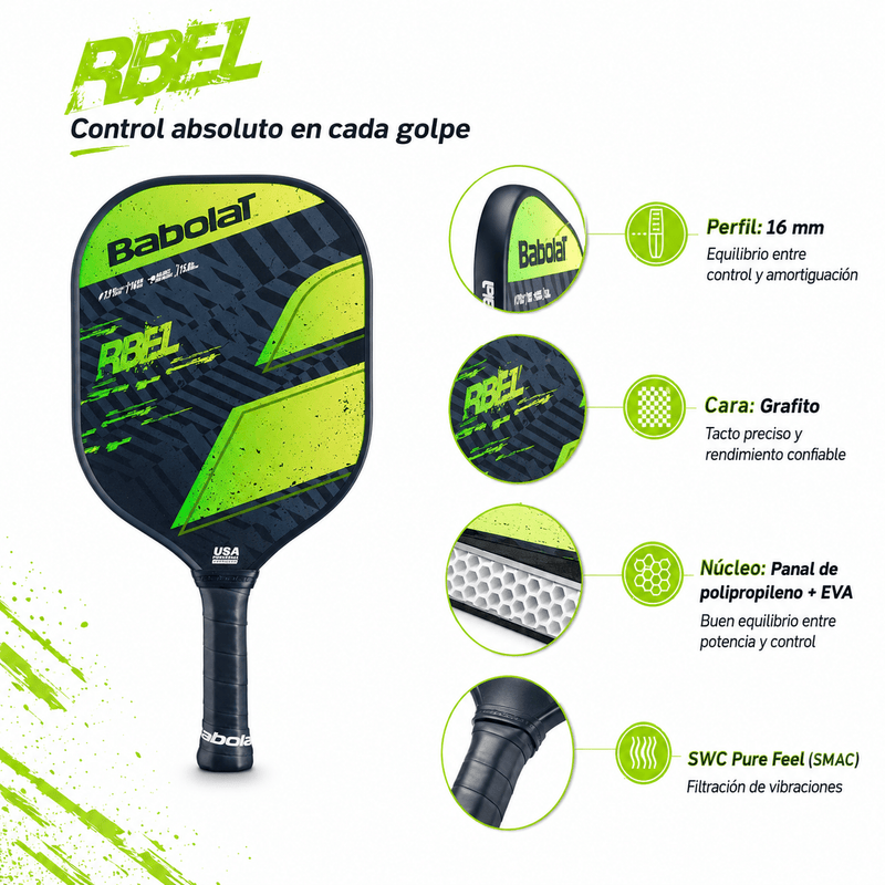 Raqueta de Pickleball Babolat RBEL Negro/Verde/Amarillo - Racquet Online
