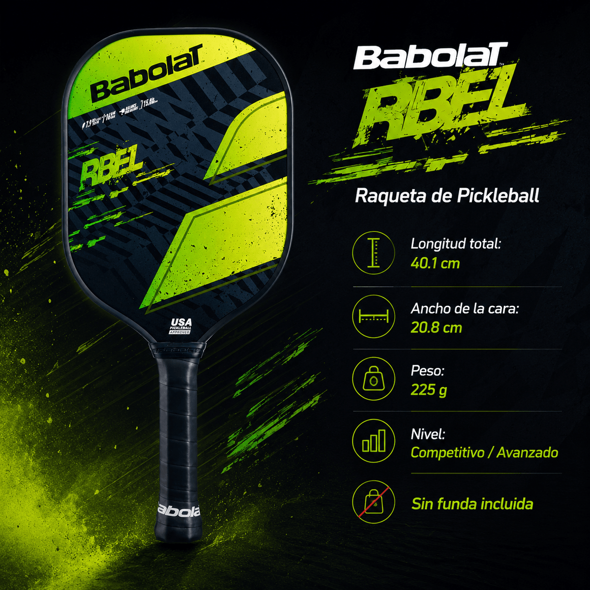 Raqueta de Pickleball Babolat RBEL Negro/Verde/Amarillo - Racquet Online